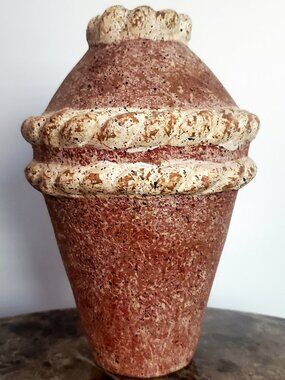 Vintage Speckled Mexican Pottery Vase Rustic Coral & Cream & Twisted Detail 10"H